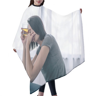 Personality  Upset Lonely Woman With Whiskey Glass At Home Hair Cutting Cape