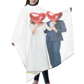 Personality  Wedding Couple Covering Faces With Red Heart Shaped Balloons Isolated On White  Hair Cutting Cape