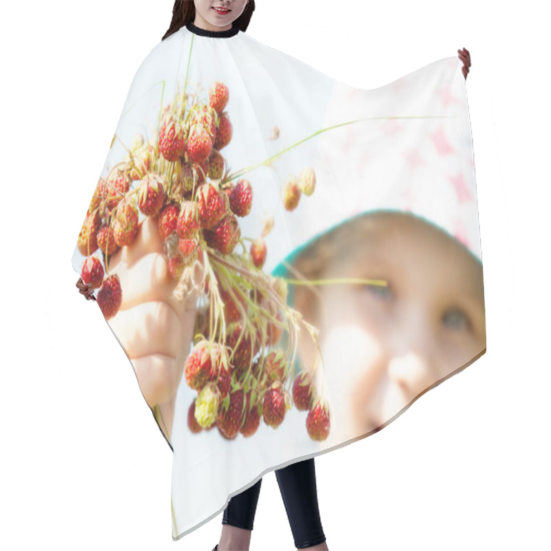 Personality  Little Smiling Girl In Summer Hat With Heap Of Wild Strawberries Hair Cutting Cape