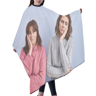 Personality  Mother And Daughter Standing Over Blue Background Thinking Looking Tired And Bored With Depression Problems With Crossed Arms.  Hair Cutting Cape