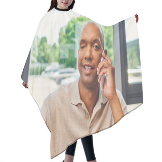 Personality  Myasthenia Disease, Happy African American Man At Work, Cheerful And Dark Skinned Office Worker With Ptosis Syndrome Talking On Smartphone, Inclusion, Corporate Culture  Hair Cutting Cape