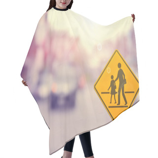 Personality  School Sign On Blur Traffic Road Background. Hair Cutting Cape