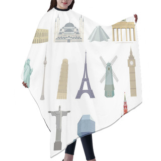 Personality   World Tourist Architectural Landmarks. Colored Icons In A Flat Style Set. Isolated Illustration On A White Background. Hair Cutting Cape