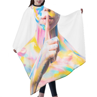 Personality  Cropped Image Of Girl With Colorful Bright Body Art Showing Silence Gesture Isolated On White   Hair Cutting Cape