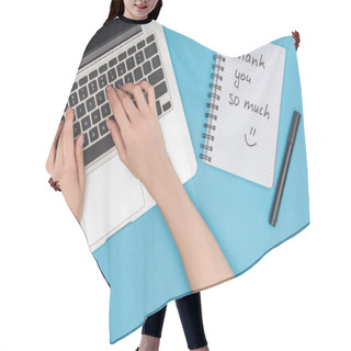 Personality  Cropped View Of Woman Working On Computer And Notebook With Thank You So Much Lettering Isolated On Blue Background Hair Cutting Cape