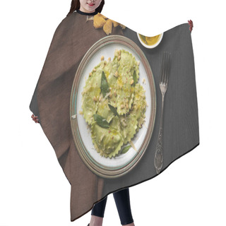 Personality  Top View Of Green Ravioli Served In Vintage Plate Near Silver Fork At Black Wooden Table Hair Cutting Cape