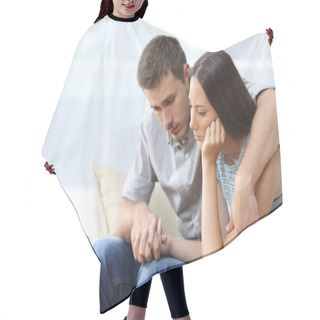 Personality  Sad Couple Comforting Each Other At Home Hair Cutting Cape