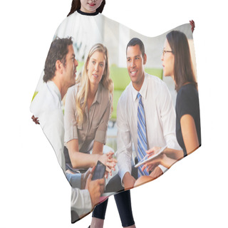 Personality  Businesspeople With Digital Tablet Having Meeting In Office Hair Cutting Cape