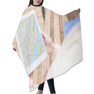 Personality  Selective Focus Of Senior Woman Holding Digital Tablet With Map On Screen Hair Cutting Cape