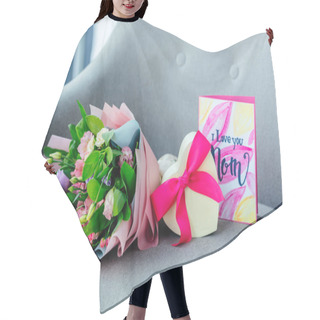 Personality  Close Up View Of Wrapped Bouquet Of Flowers, Heart Shaped Gift And I Love You Mom Postcard On Armchair, Mothers Day Concept Hair Cutting Cape