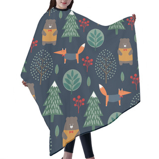 Personality  Fox, Bear, Trees Seamless Pattern On Dark Blue Background. Hair Cutting Cape