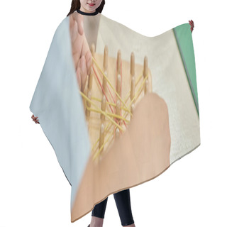 Personality  Partial View Of Boy Playing With Wooden Sticks And Rubber Bands In Montessori School, Banner Hair Cutting Cape