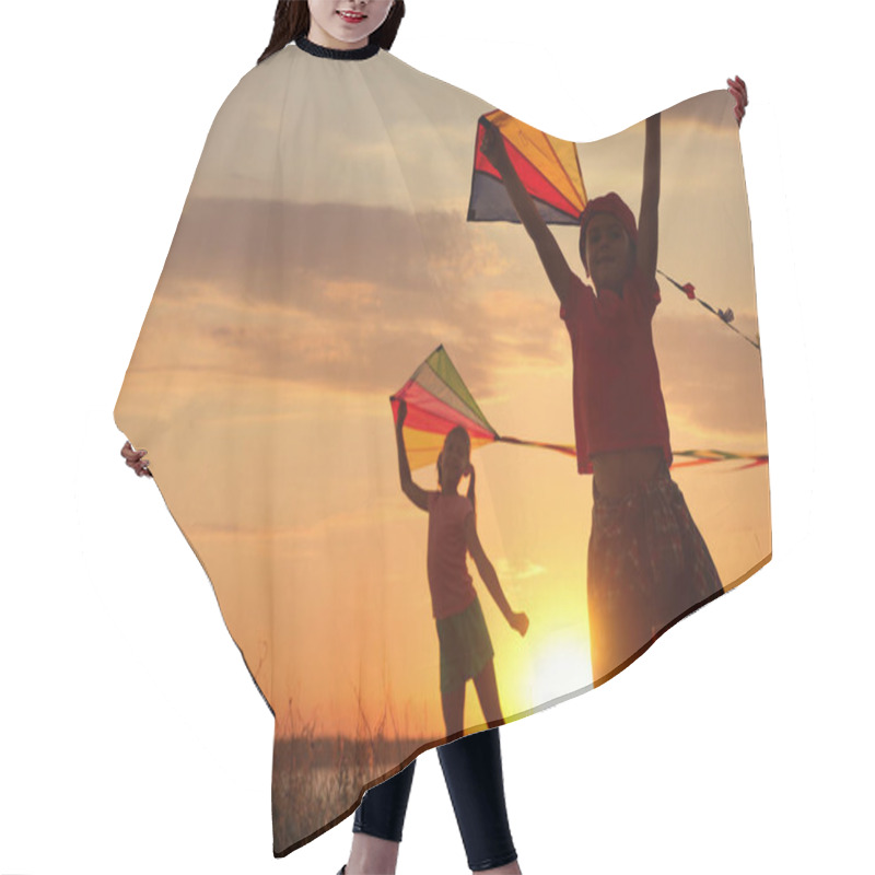 Personality  Cute Little Children Playing With Kites Outdoors At Sunset. Spending Time In Nature Hair Cutting Cape