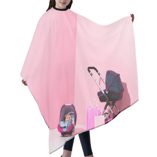 Personality  Baby Carriage, Doll In Baby Carrier, Shopping Bags And Boombox On Pink Hair Cutting Cape