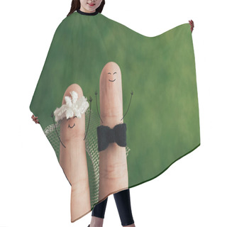 Personality  Cropped View Of Emotional Wedding Couple Of Fingers On Green Hair Cutting Cape