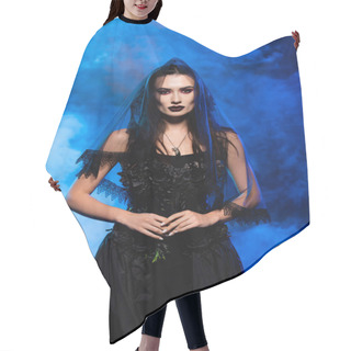 Personality  Bride In Black Dress And Veil On Blue With Smoke, Halloween Concept Hair Cutting Cape