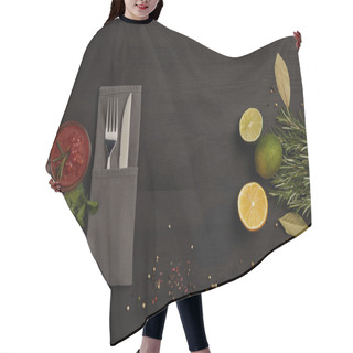 Personality  Flat Lay With Cutlery, Sauce, Rosemary, Spices And Citrus Fruits Pieces On Black Tabletop Hair Cutting Cape