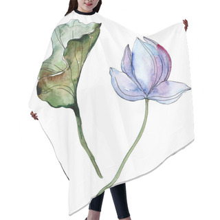Personality  Blue And Purple Lotus Flower With Green Leaf. Watercolor Isolated Illustration Elements. Hair Cutting Cape