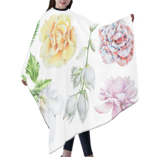 Personality  Set With Watercolor Flowers.  Rose. Mallow. Yucca. Hand Drawn. Hair Cutting Cape