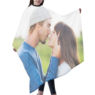Personality  Happy Young Couple In Love Hair Cutting Cape
