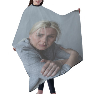 Personality  Blonde And Depressed Woman With Blue Eyes Feeling Unwell During Menopause  Hair Cutting Cape