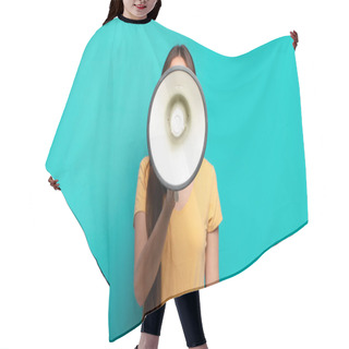 Personality  Young Pretty Woman With A Megaphone Hair Cutting Cape