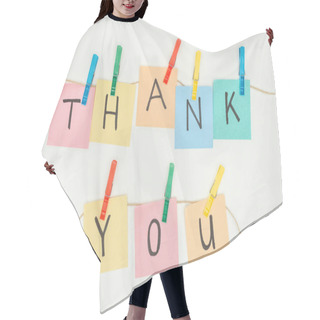 Personality  Colorful Sticky Notes Spelling Thank You On Lace With Clothespins Isolated On White Background Hair Cutting Cape