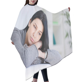Personality  Portrait Of A Sad Woman Hair Cutting Cape