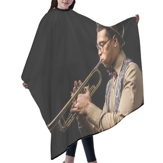 Personality  Side View Of Mixed Race Male Jazzman In Hat And Eyeglasses Playing On Trumpet Isolated On Black Hair Cutting Cape