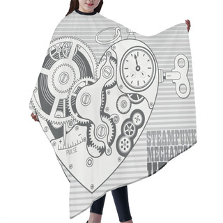 Personality  Mechanical Heart In Steampunk Style. Grayscale Retro Vector Illustration. Hair Cutting Cape