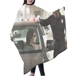 Personality  African American Policeman Talking To Young Woman Sitting In Car  Hair Cutting Cape