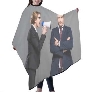 Personality  Aggressive Businesswoman With Bullhorn Yelling At Businessman, Isolated On Grey, Feminism Concept Hair Cutting Cape
