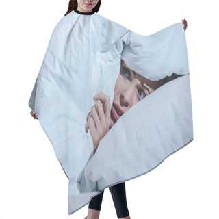 Personality  Scared Woman Hiding Behind Blanket In Bedroom At Home Hair Cutting Cape