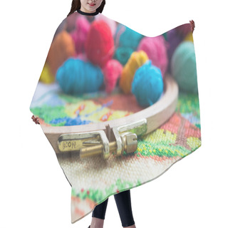 Personality  Woolen Balls Of Yarn, Tambour And Embroidery. Close Up Hair Cutting Cape