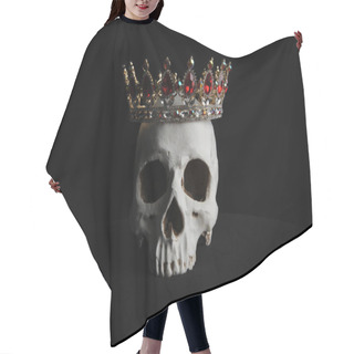 Personality  Close Up Of A Human Skull Wearing A Red And Gold Jewelled Crown, On Black Background. Hair Cutting Cape