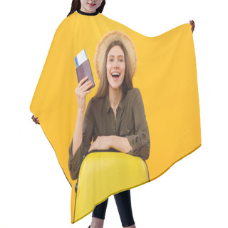 Personality  Joyful Female Tourist Holding Passport Posing With Suitcase, Yellow Background Hair Cutting Cape
