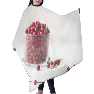 Personality  Ripe Lingonberries In A Glass Bowl On A White Board Hair Cutting Cape