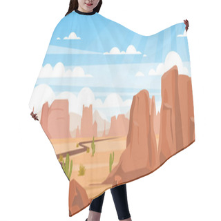 Personality  Sandy Desert Landscape Colorful Flat Vector Illustration. Empty Valley With Rocks, Crags And Green Cactuses. Dry Land With Draughts And Hot Climate. Arizona Beautiful Panoramic View. Hair Cutting Cape