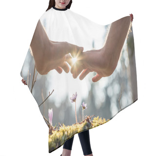 Personality  Hand Covering Flowers At The Garden With Sunlight Hair Cutting Cape