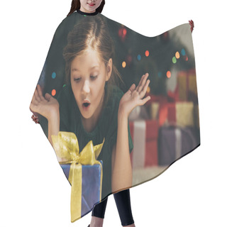 Personality  Surprised Child Lying On Floor, Looking At Gift Box And Showing Wow Gesture Hair Cutting Cape