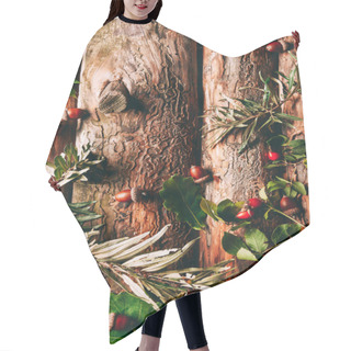 Personality  Flat Lay With Autumn Arrangement With Acorns, Common Sea Buckthorn And Briar Branches On Wooden Background Hair Cutting Cape