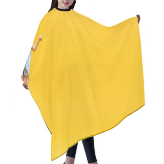 Personality  Full Length Of Kid With Temporary Tattoo On Hand Pointing With Finger On Yellow, Banner Hair Cutting Cape