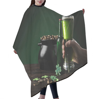 Personality  Cropped Image Of Man Holding Glass Of Green Fresh Beer, St Patricks Day Concept Hair Cutting Cape