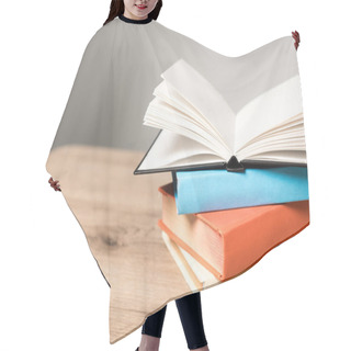 Personality  Stack Of Books And Open Blank Notebook On Wooden Desk On Grey Background Hair Cutting Cape
