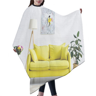 Personality  Interior Of Cozy Living Room With Bright Yellow Elements, Decor And Retro Telephone Hair Cutting Cape