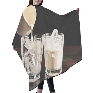 Personality  Milk Pouring In Glass With Ice Cubes Isolated On Black Hair Cutting Cape