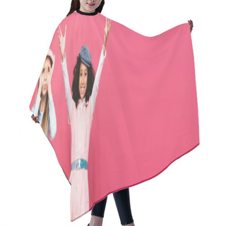 Personality  Excited Interracial Girls In Trendy Clothes And Caps Posing Isolated On Pink, Banner Hair Cutting Cape