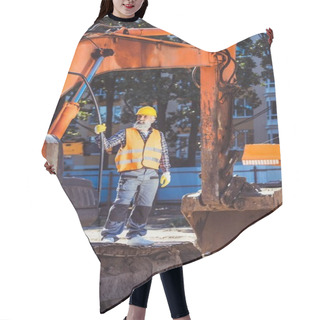 Personality  Construction Worker Posing With Excavator Hair Cutting Cape
