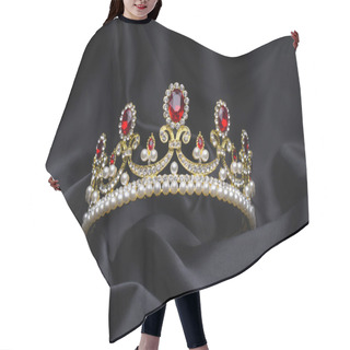 Personality  Golden Crown With Rubies And Pearls On A Black Silk Hair Cutting Cape