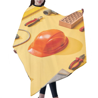 Personality  Flat Lay With Industrial Tools, Helmet And Brick, On Yellow Background Hair Cutting Cape